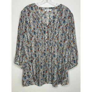 Rose+Olive Top 2X Floral Pintuck Pleat Boho Lightweight Office Popover Everyday